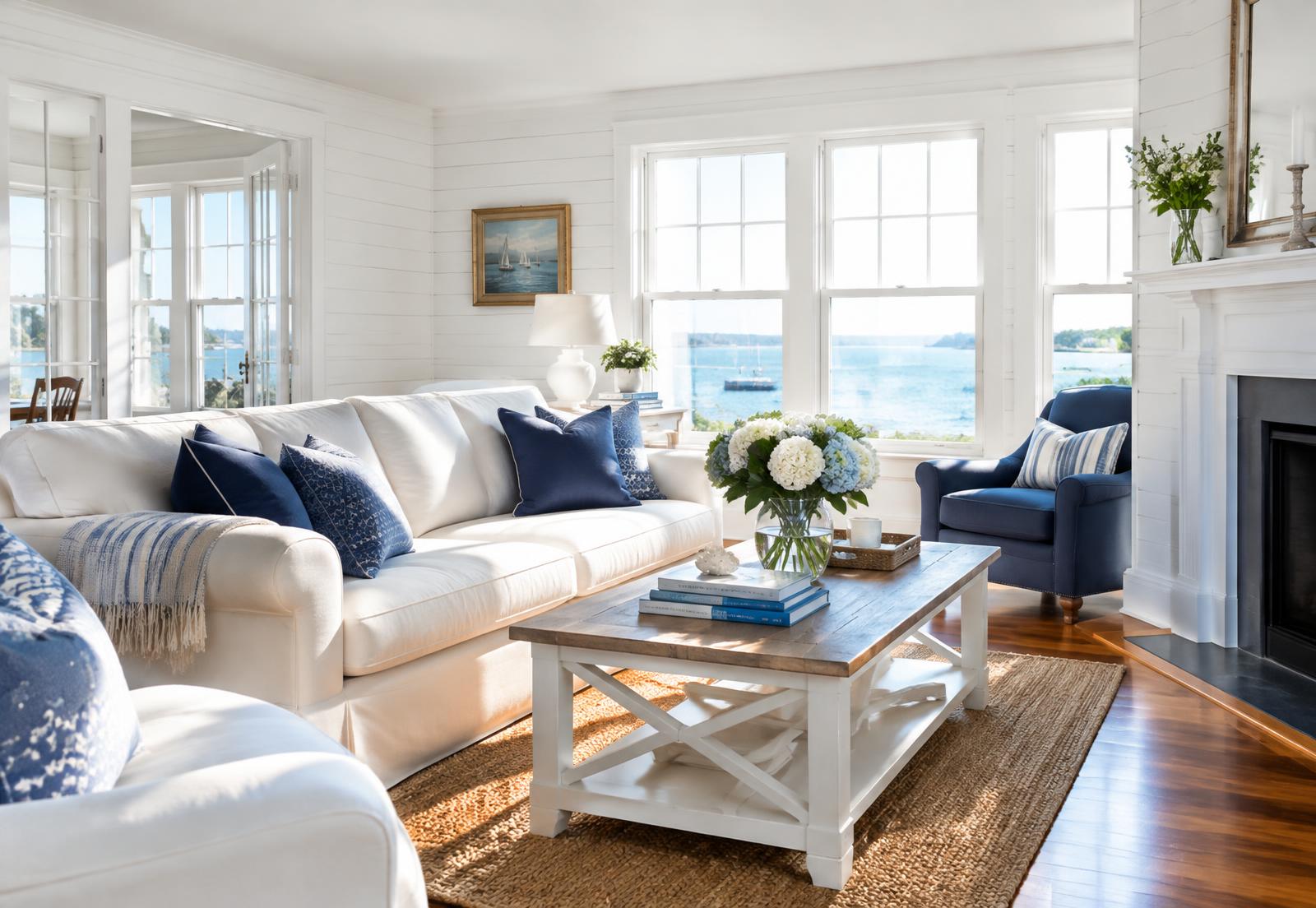 Bright, freshly cleaned coastal living room in a Plymouth-area home